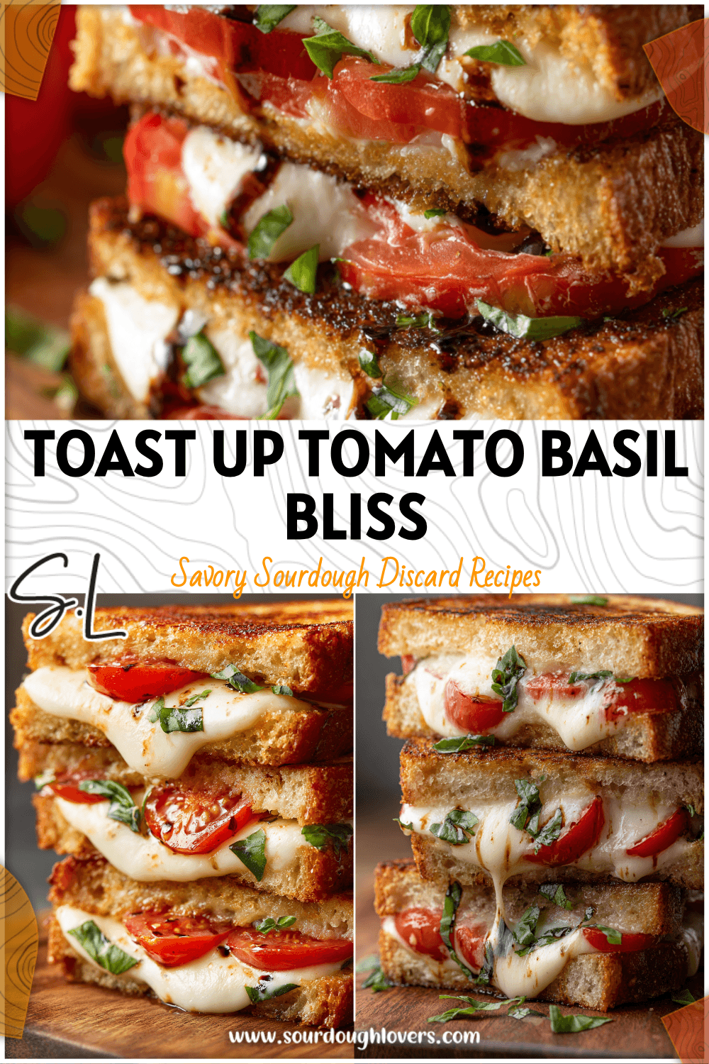 Close-up of a sourdough grilled cheese sandwich with melted mozzarella, tomato slices, and basil leaves.